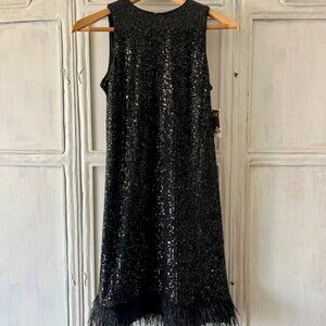 Taylor Sleeveless Sequined Feather Trim Mock Neck Mini Cocktail Dress NWT Size 6